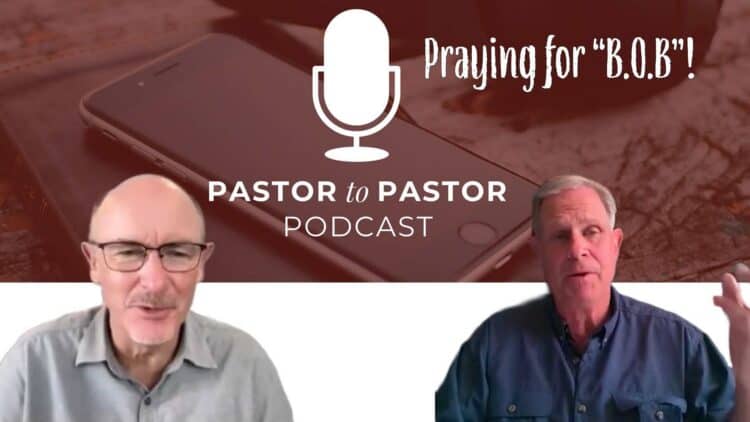 two men in conversation over the pastor to pastor podcast logo