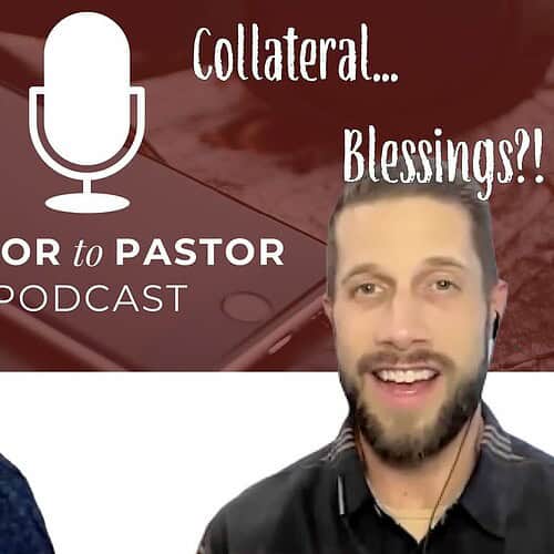 two men in animated conversation over the pastor to pastor podcast logo