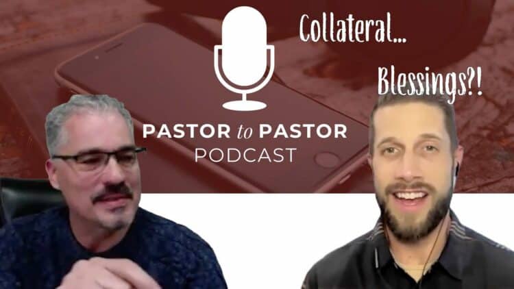 two men in animated conversation over the pastor to pastor podcast logo
