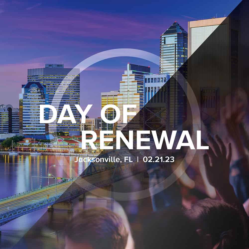 Skyline of Jacksonville behind the Day of Renewal Logo
