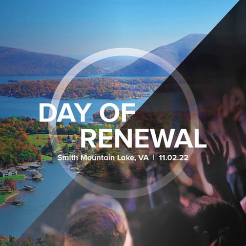 Smith Mt. Lake, VA behind Day of Renewal Logo and Hands raised in worship - square